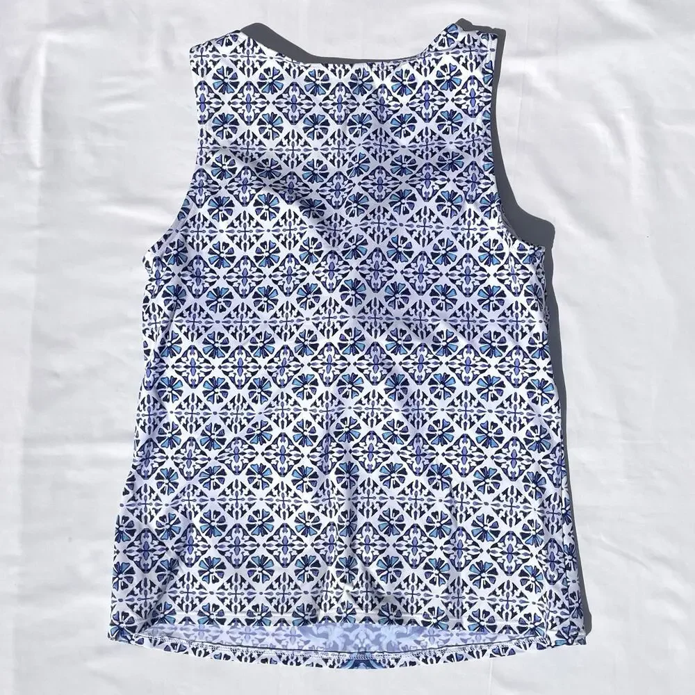 Lands' End Blue and White Tile-Print Tankini with Royal Blue Swim Shorts